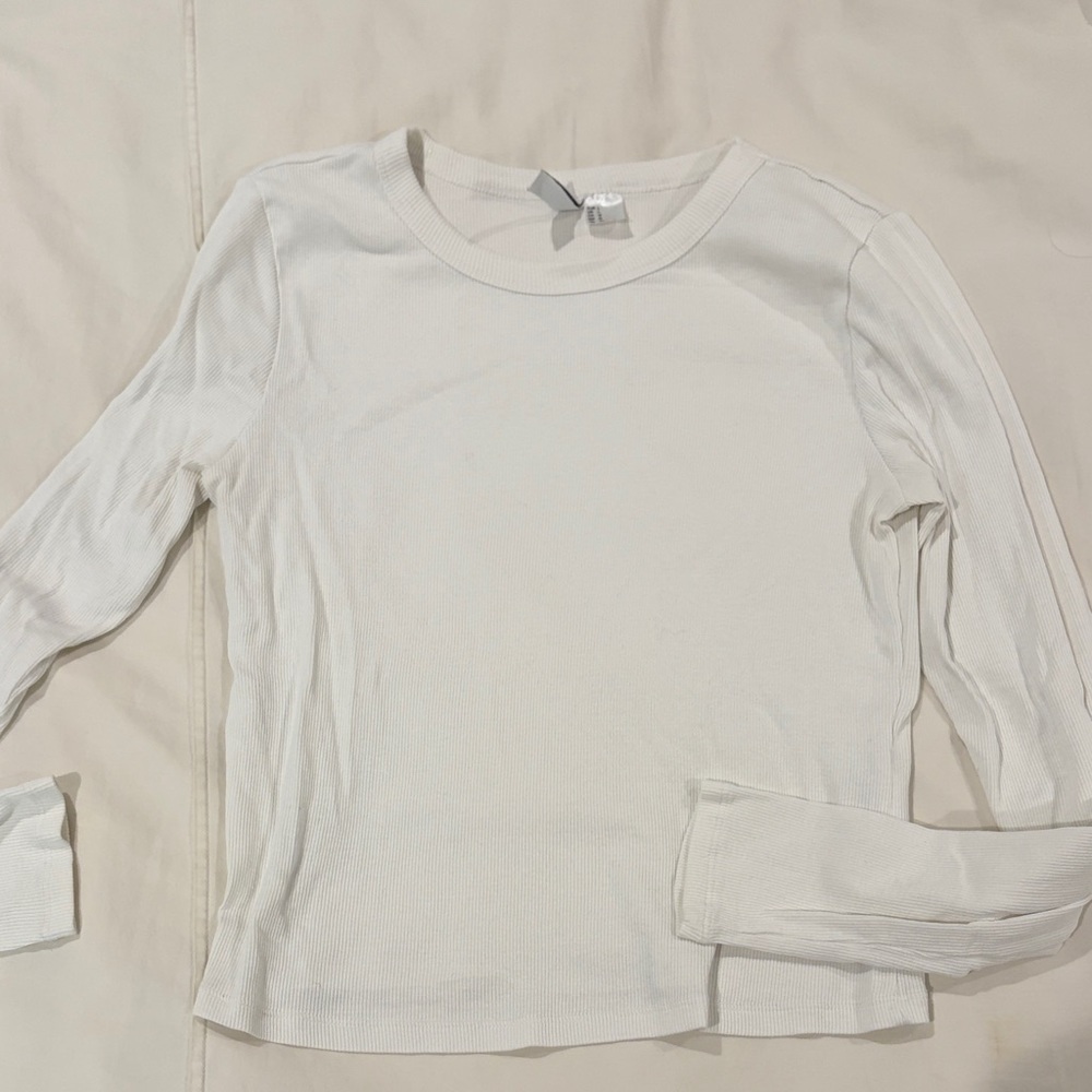 White Ribbed Long Sleeve Tee
